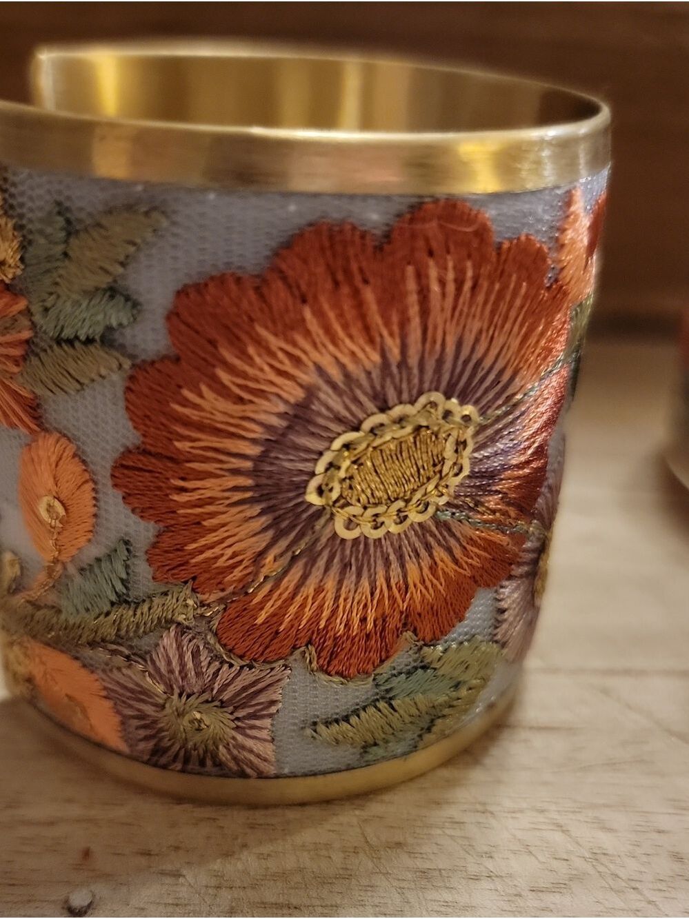 Rust Rose Pink Embroidered Brushed Gold tone Vintage Inspired Cuff Bracelet - Picture 8 of 11